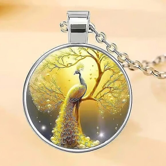Silver YELLOW PEACOCK Glass Cabochon Pendant Necklace - Picture 1 of 3